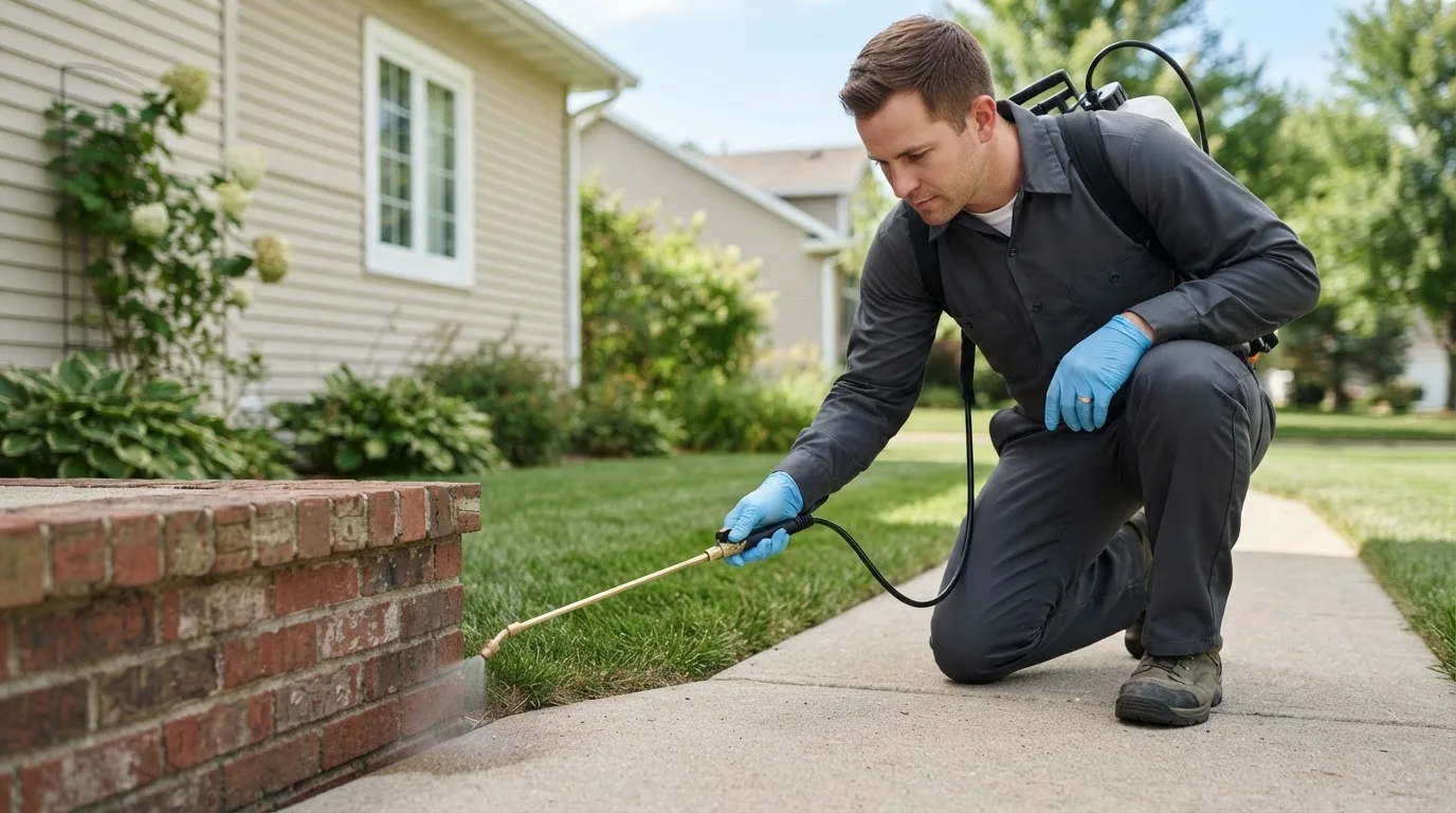 Pest control technician treating a home near Davenport, ND