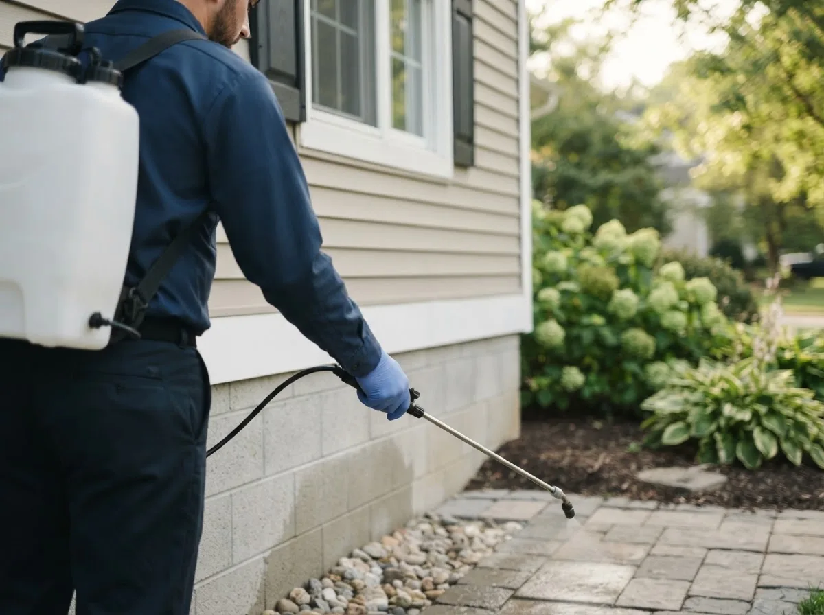 Pest control technician inspecting a home in Davenport, ND